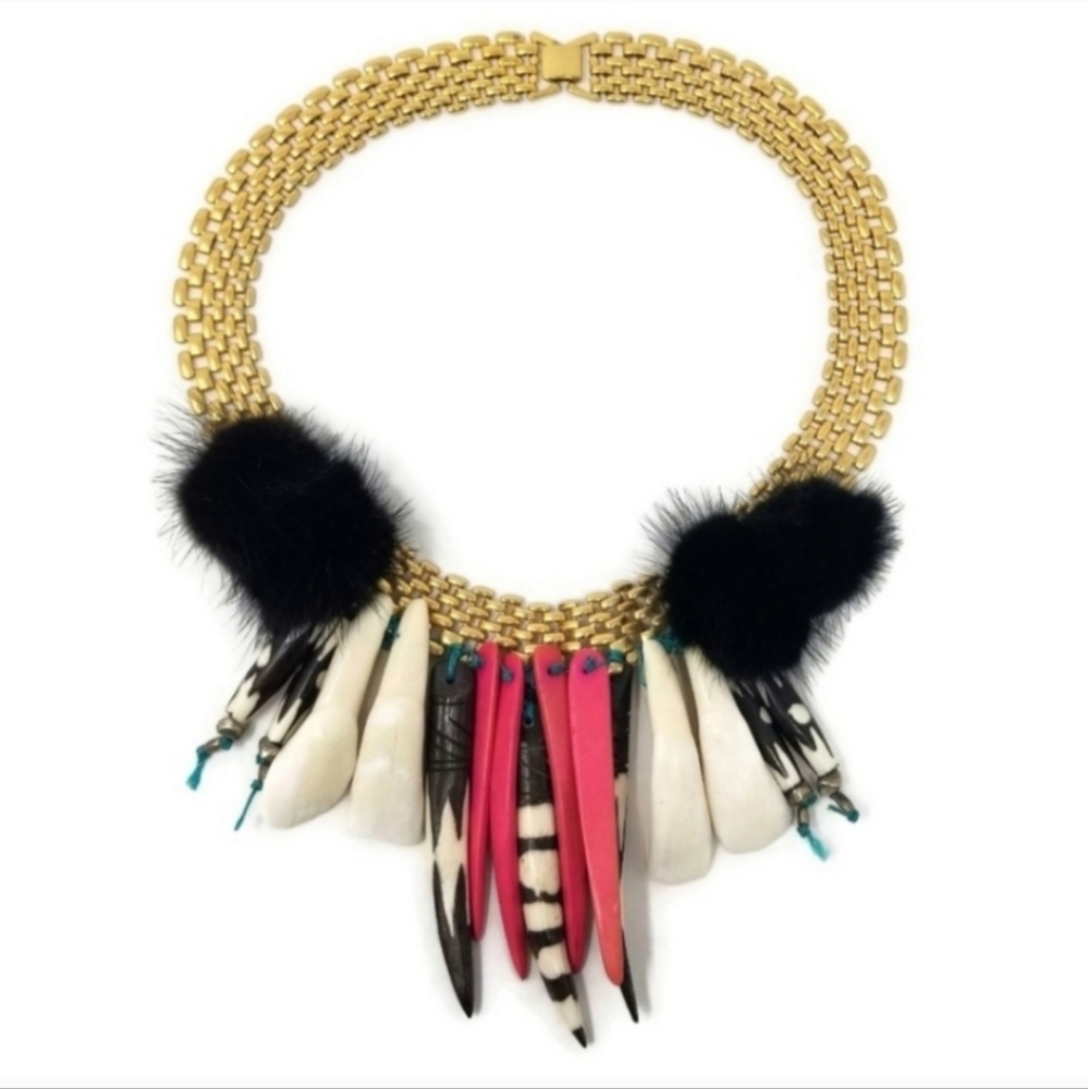 OOAK Gold Chain Bone Wood Fur Pom Pom Artisan Statement Necklace